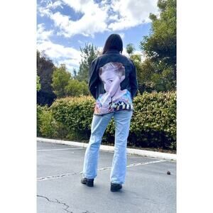 MILEY CYRUS Bangerz Y2K Upcycled Retro Black Distressed Denim Jacket Size M